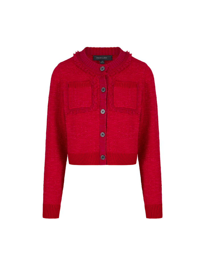MARYLING Berry Red Crew Neck Knitted Cardigan