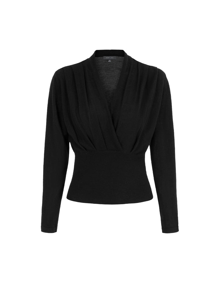 MARYLING Black V-Neck Hem Waisted Thin Knitted Pullover