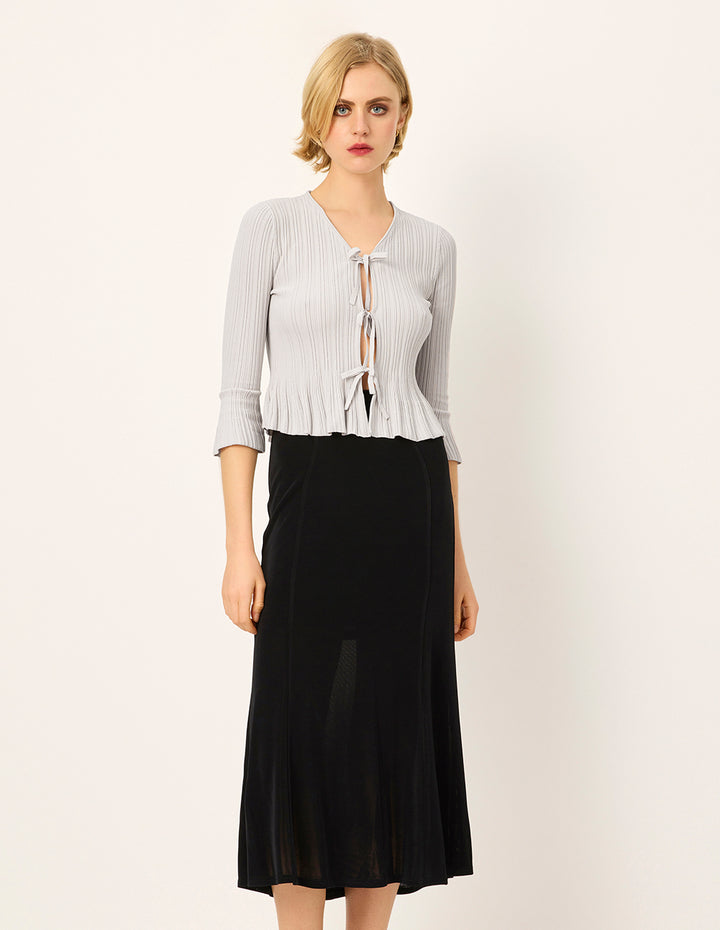 MARYLING V-neck Long-Sleeve Tie Ribbed Textured Knitted Cardigan