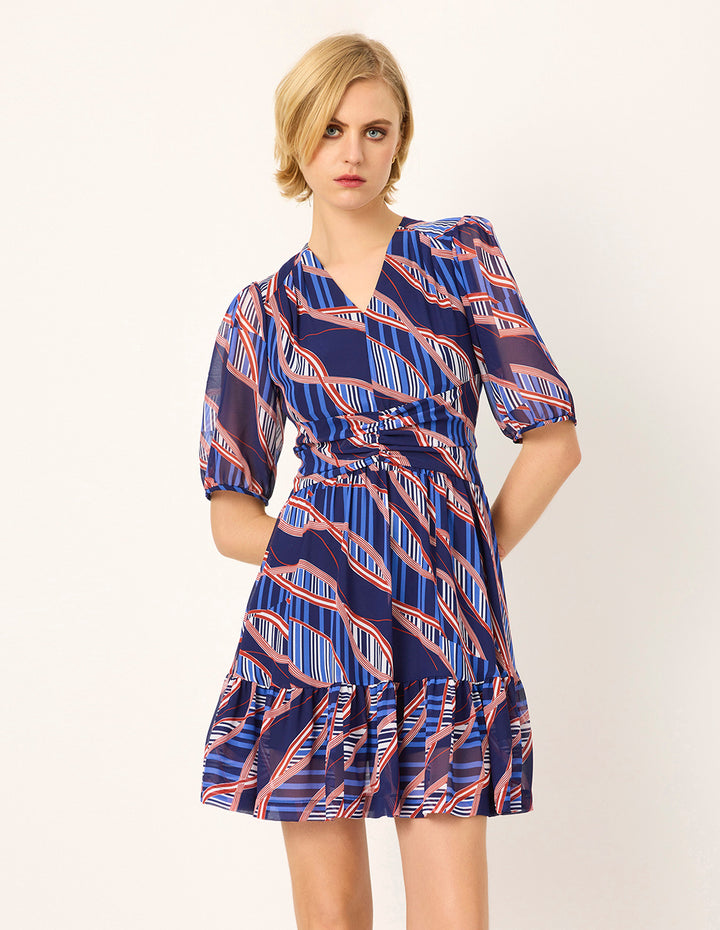 MARYLING V-Neck Puff Short Sleeve Striped Print Pleated Flounce Midi Dress