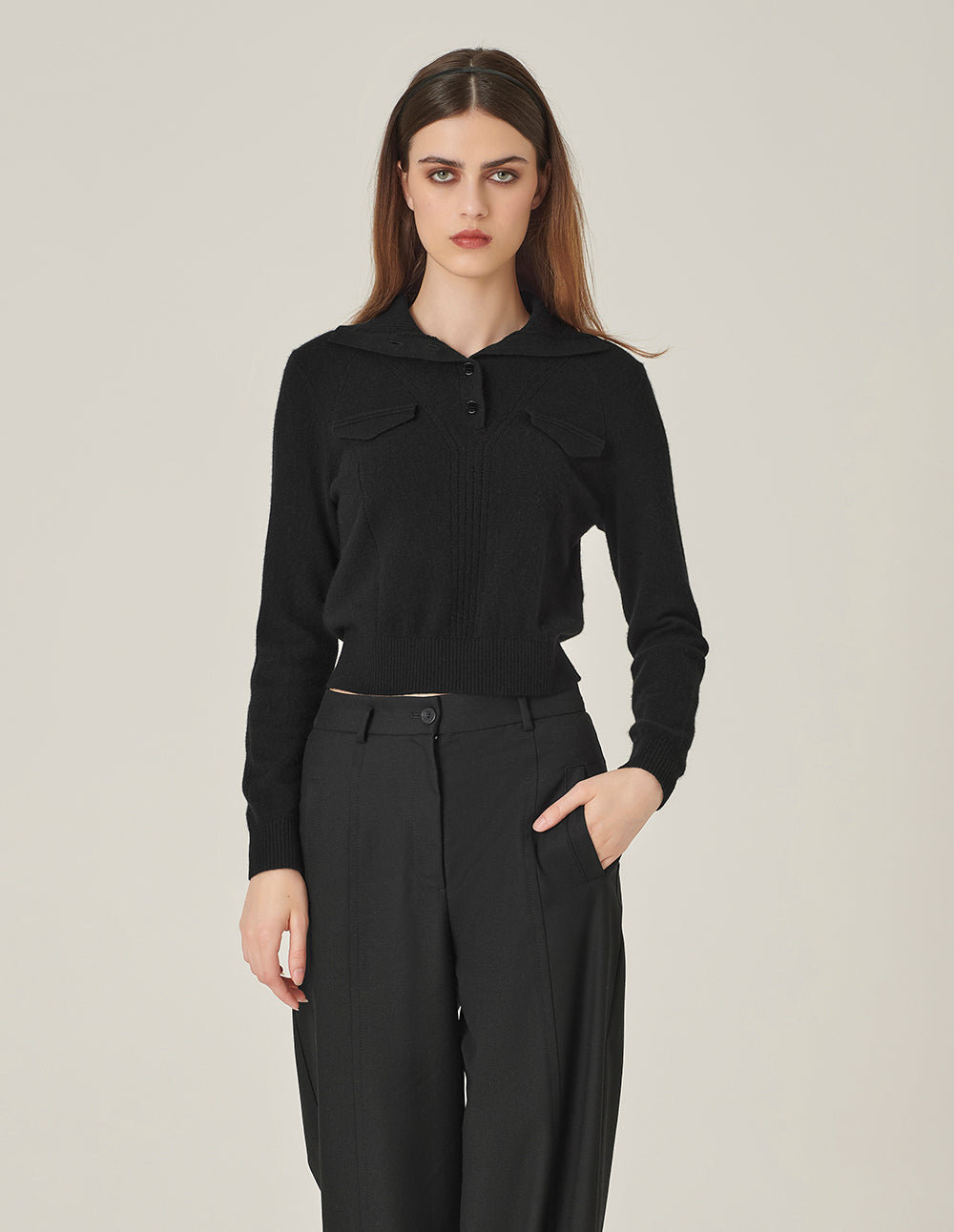 MARYLING Cashmere Knitted Cropped Polo Sweater