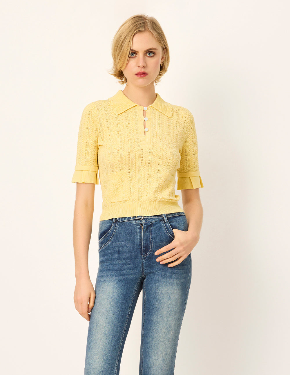 MARYLING Collared Short-Sleeve Silk Rib Knit Sweater