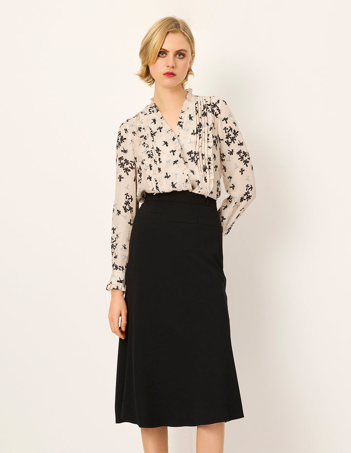 MARYLING V-Neck Long-Sleeve Leaf-Print Silk Blouse