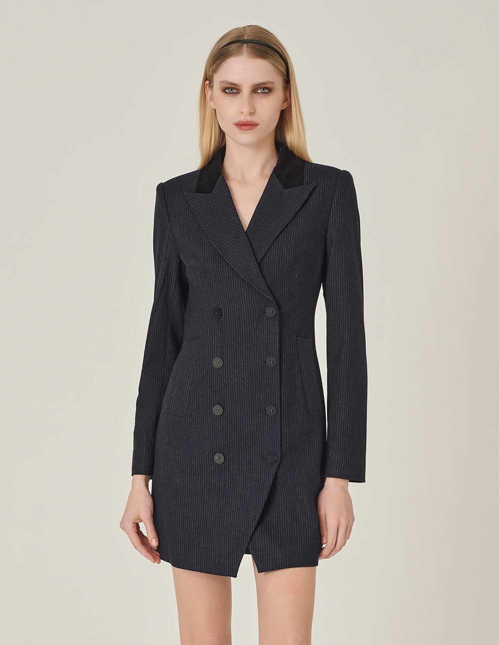 MARYLING Navy Striped Double-Breasted Long Trench Blazer