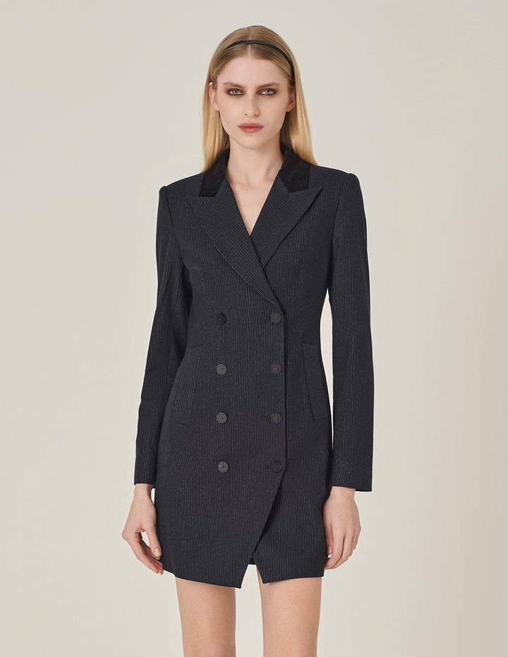MARYLING Navy Striped Double-Breasted Long Trench Blazer