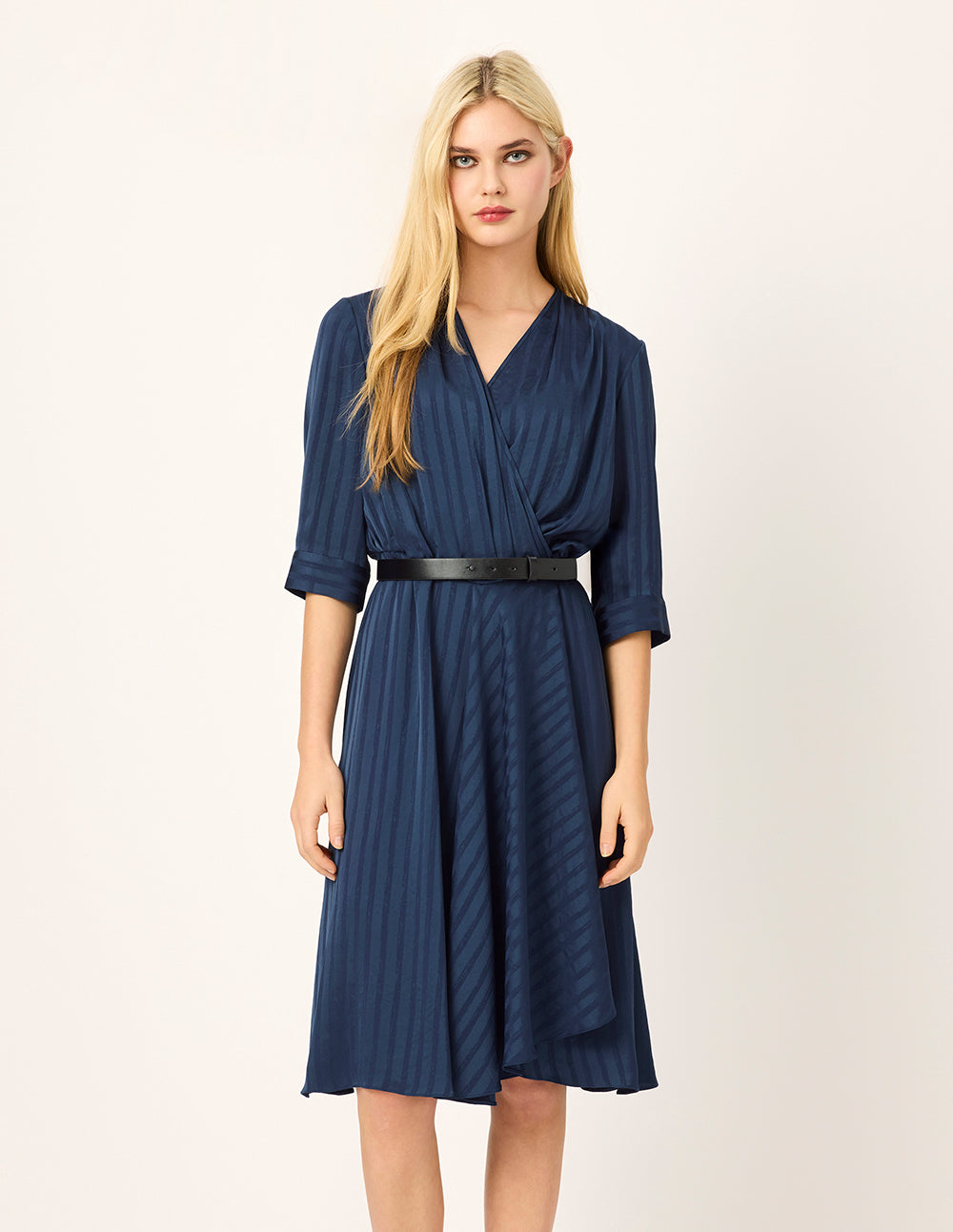 MARYLING V-Neck Short-Sleeve Striped Pleated Midi Wrap Dress