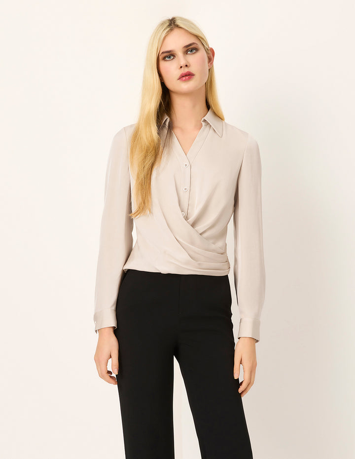 MARYLING Lapel Long-Sleeve Button Silk Blouse