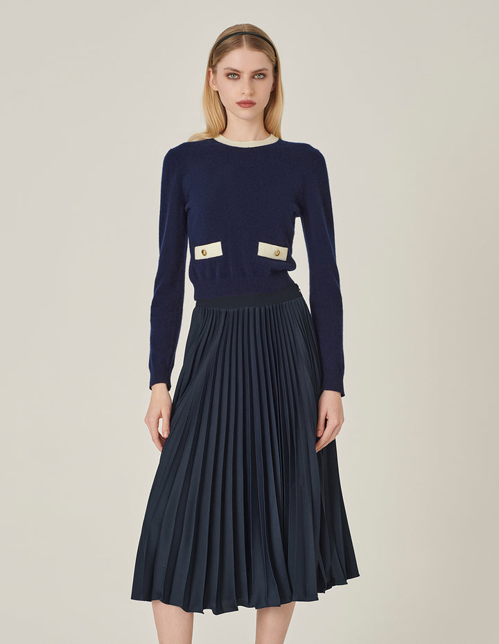 MARYLING Round-Neck Contrast Long-Sleeve Cropped Cashmere Knitted Sweater