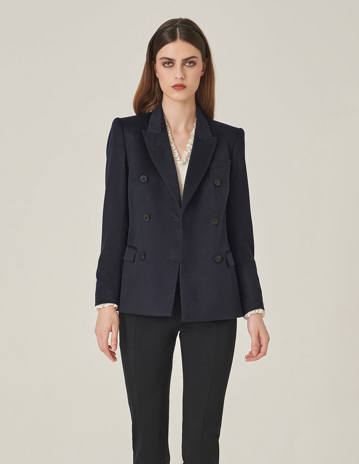 MARYLING Dark Blue Wool Lapel Double-Breasted Blazer