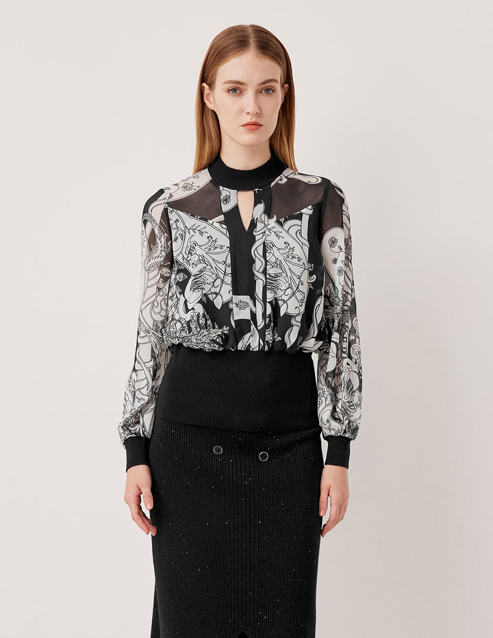 MARYLING Semi-High Neck Long Sleeve Paisley Pattern Top