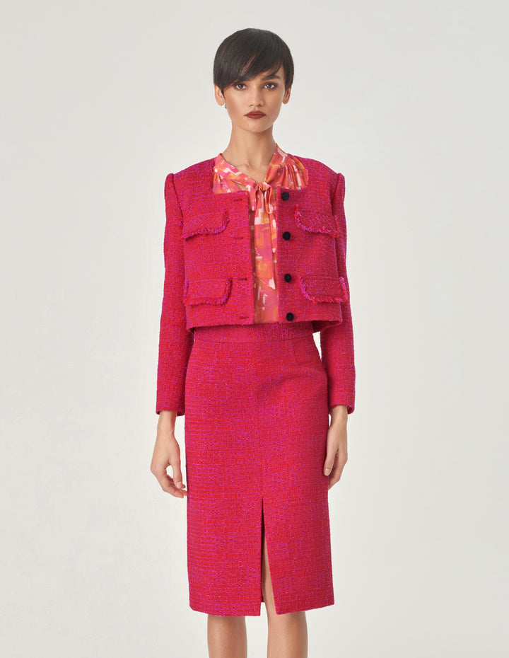 MARYLING Red Square Collar Short Tweed Jacket