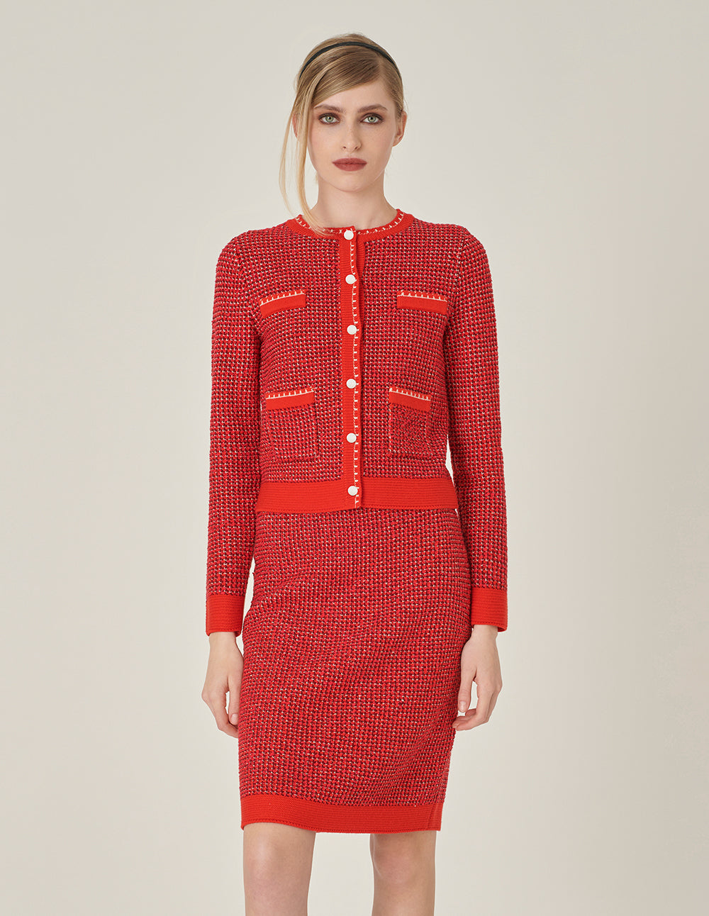 MARYLING Red Crewneck Four Pocket Knit Cardigan