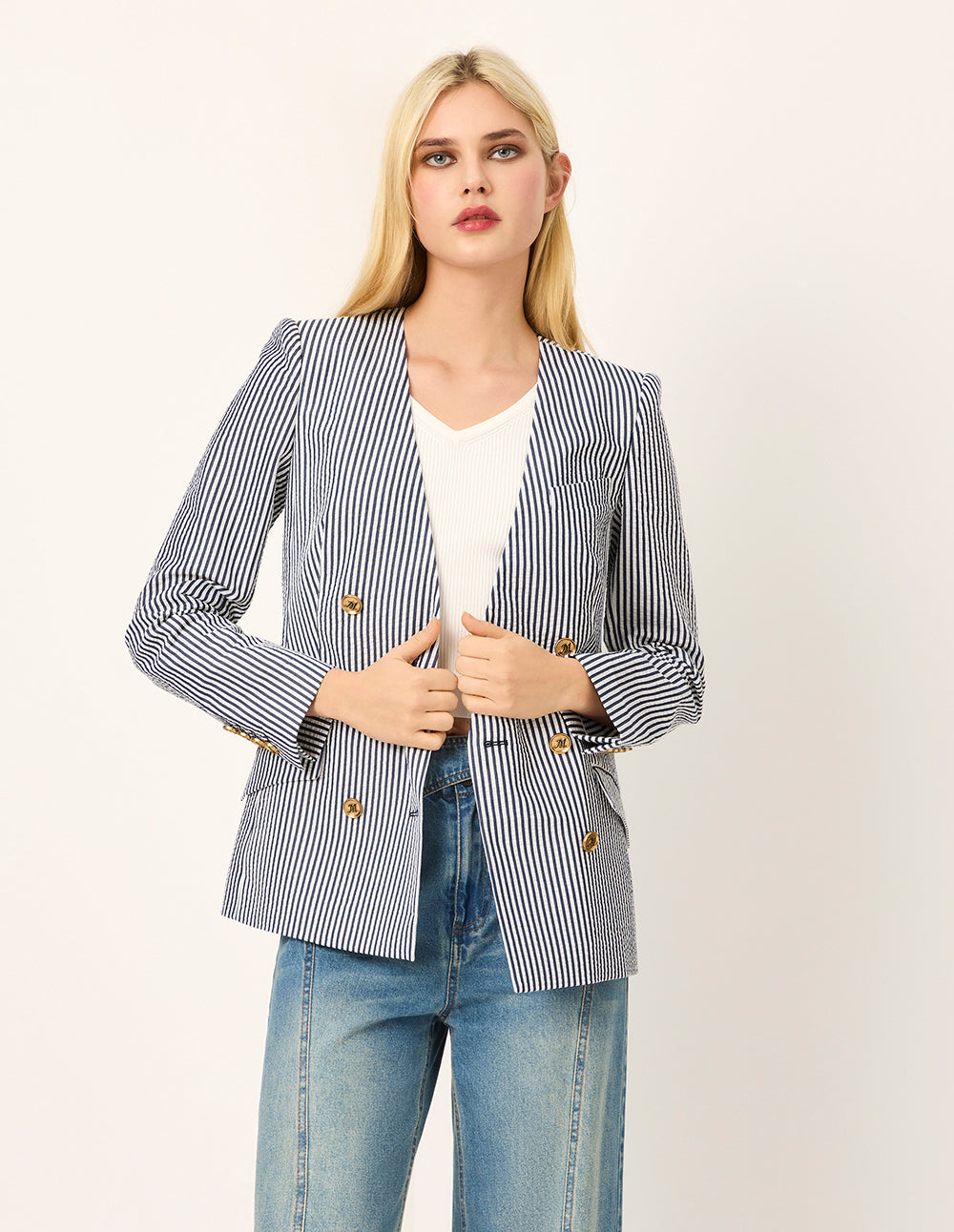 MARYLING V-Neck Long-Sleeve Double-Breasted Striped Wrap Blazer