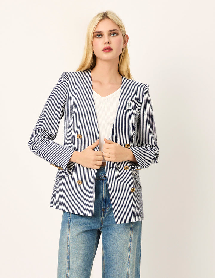 MARYLING V-Neck Long-Sleeve Double-Breasted Striped Wrap Blazer