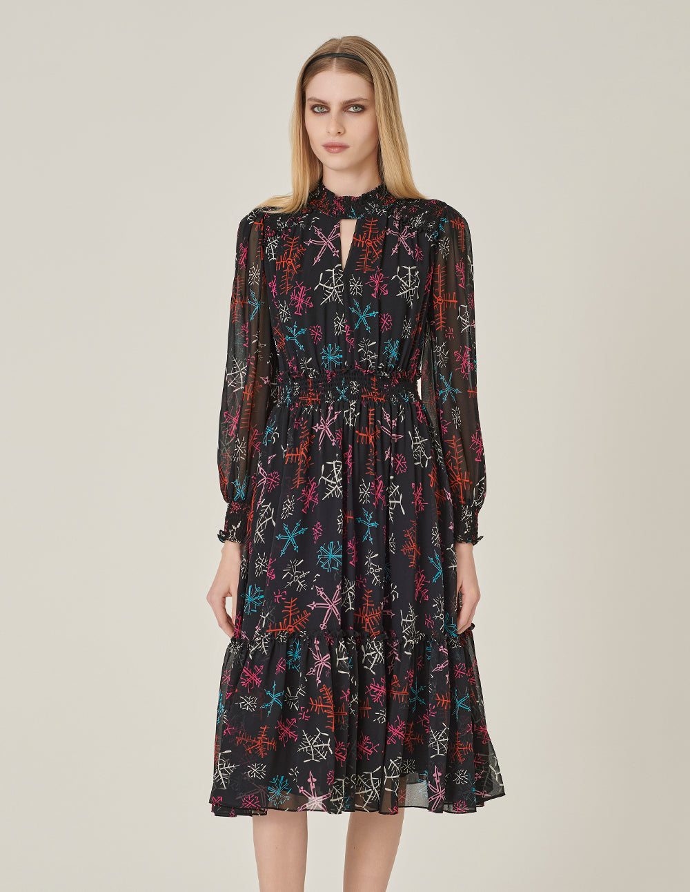 MARYLING Ruffle Collar Cutout Printed Long Sleeve Pleated Midi Dress