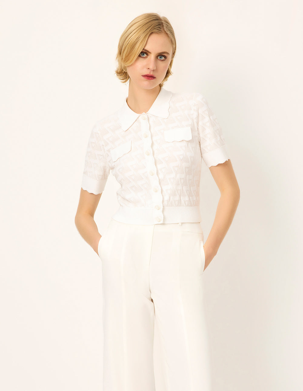 MARYLING Lapel Short-Sleeve Knit Cardigan