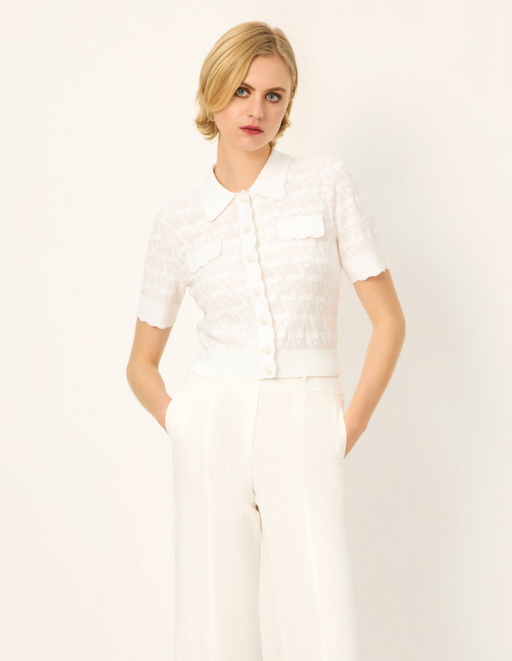 MARYLING Lapel Short-Sleeve Knit Cardigan