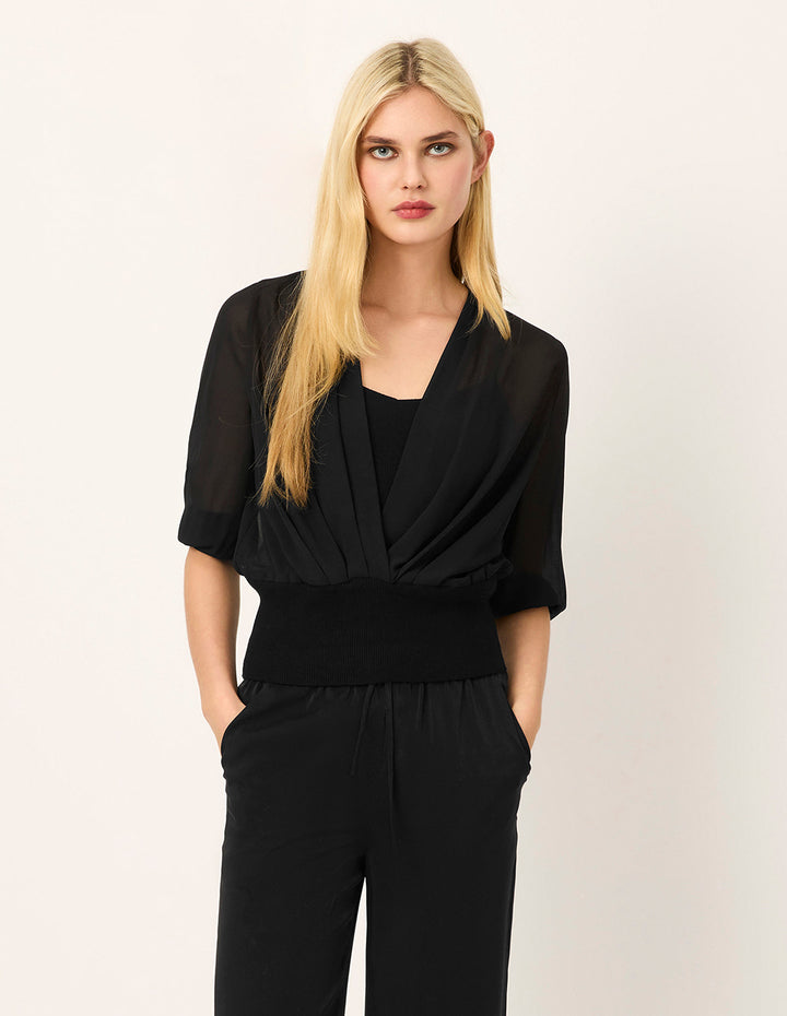 MARYLING Stylish Black Sheer Overlay Waist Top