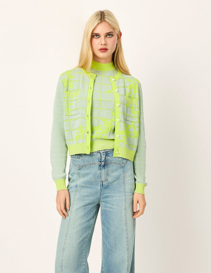 MARYLING Round-Neck Long-Sleeve Color Block Striped Flora Embroidered Knit Cardigan