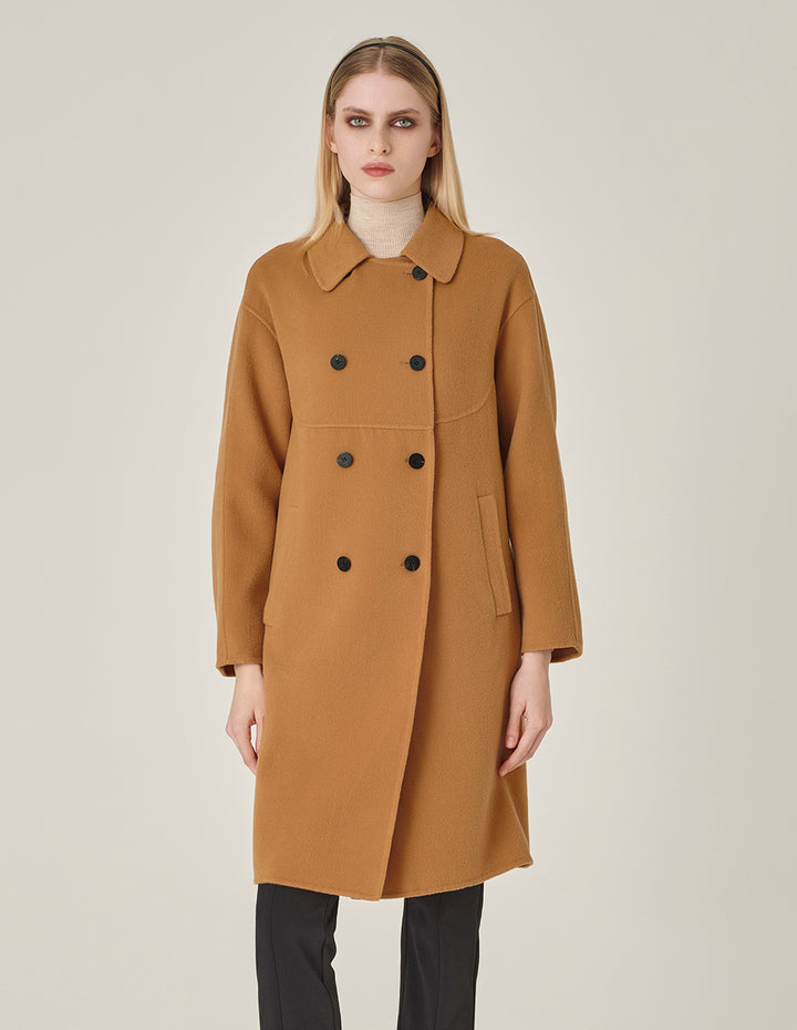 MARYLING Round-Neck Double-Breasted H-Shaped Camel-Colored Cashmere Coat