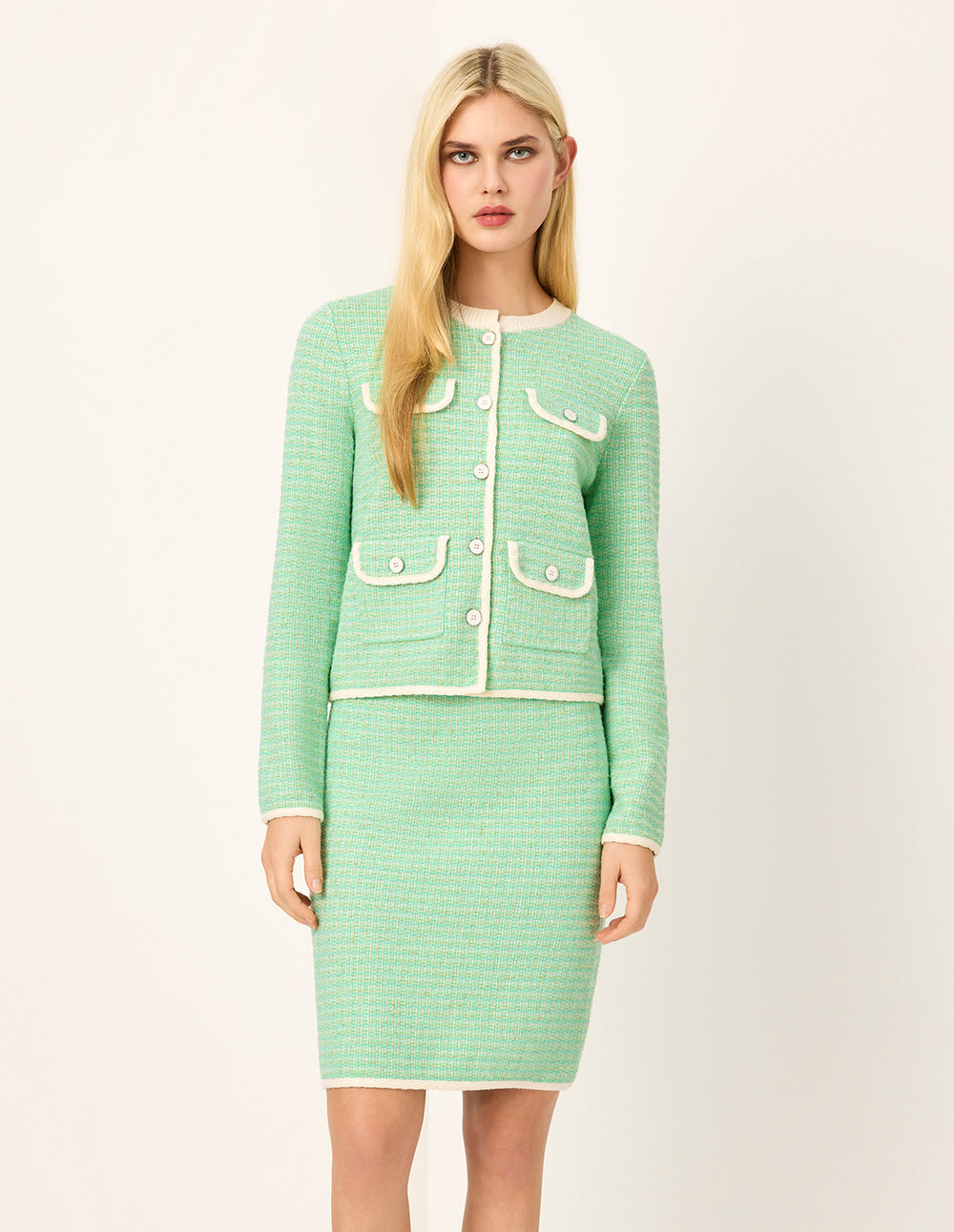 MARYLING Round Neck Long-Sleeve Tweed Multi-Pocket Short Cardigan