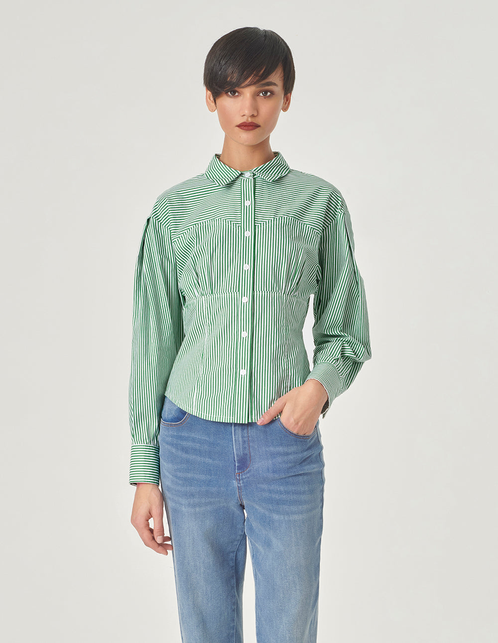 MARYLING Green And White Striped Cotton Blouse