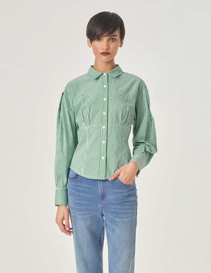 MARYLING Green And White Striped Cotton Blouse