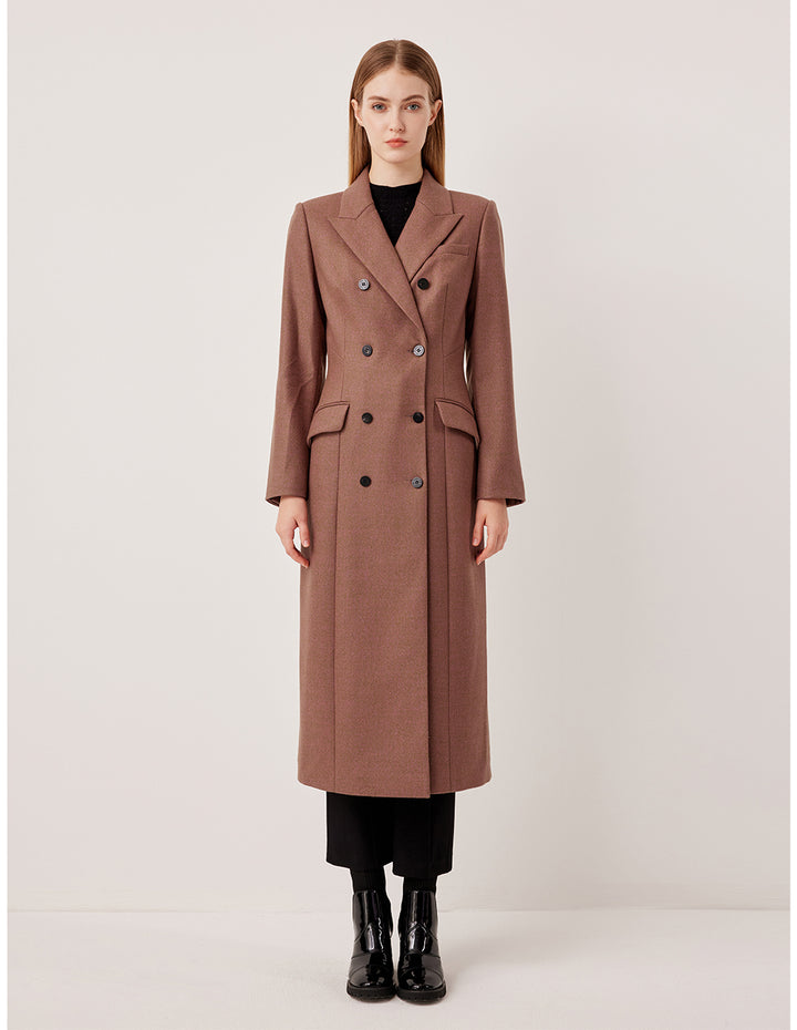MARYLING Taupe Peak Lapel Double-Breasted Long Wool Coat