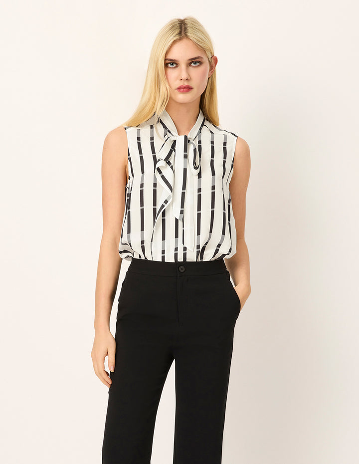 MARYLING Tie Neck Sleeveless Striped Asymmetric Top