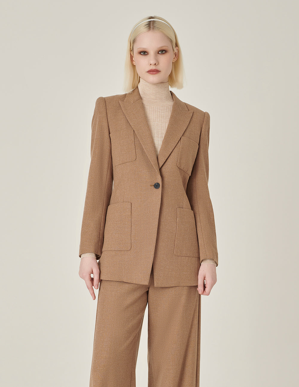 MARYLING Camel Wool Single-Breasted Midi Blazer