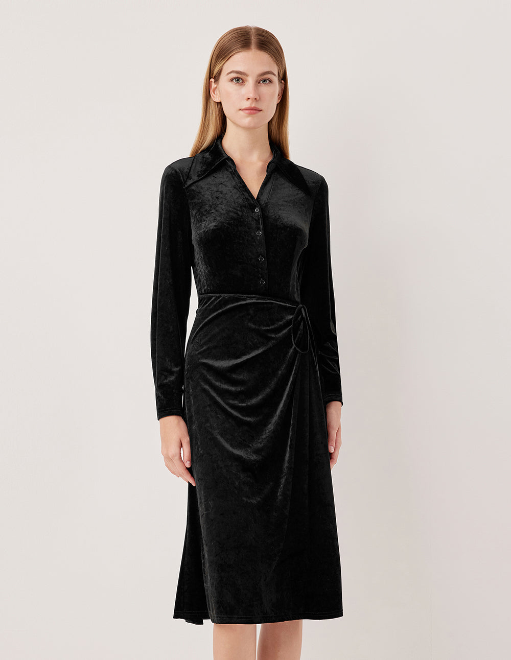 MARYLING V-Neck Ruched Velvet Midi Dress with Side Slit