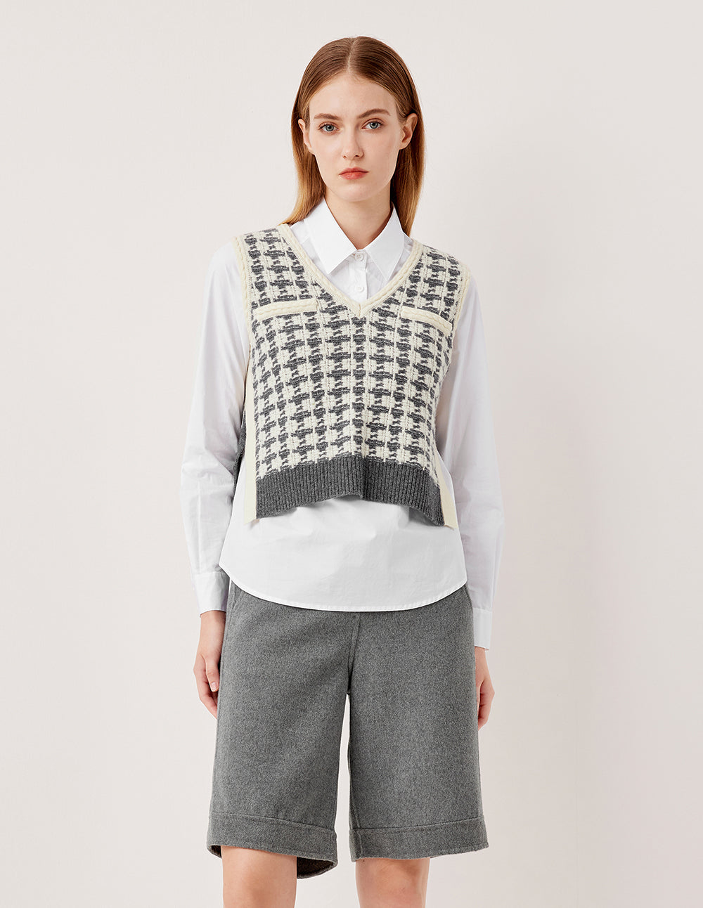 MARYLING V-Neck Sleeveless Plaid 100% Wool Knit Vest