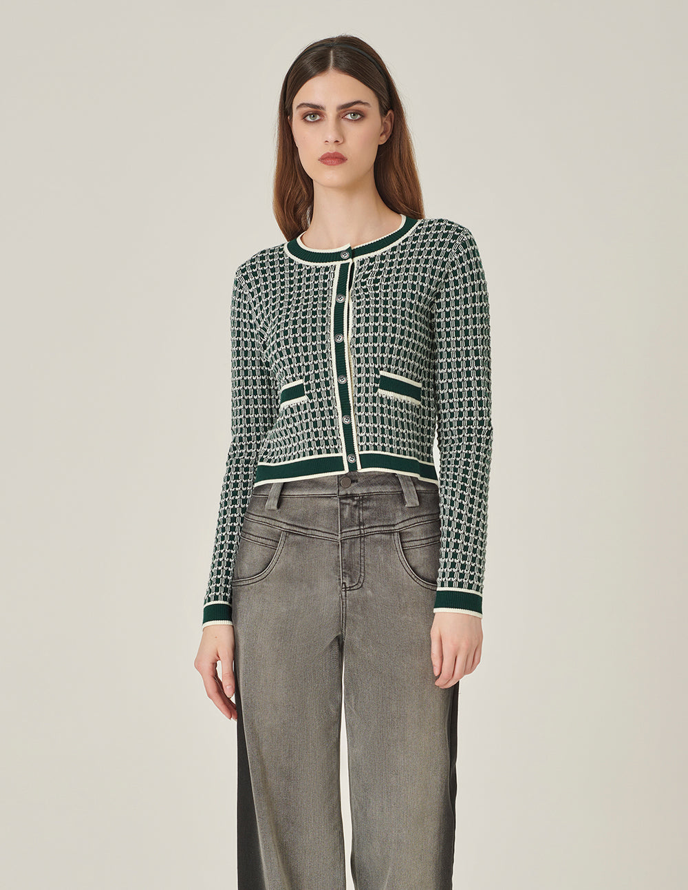 MARYLING Round Neck Glitter Checked Long-Sleeve Cropped Knitted Cardigan