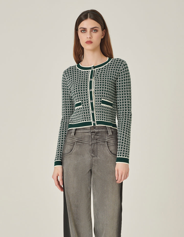 MARYLING Round Neck Glitter Checked Long-Sleeve Cropped Knitted Cardigan