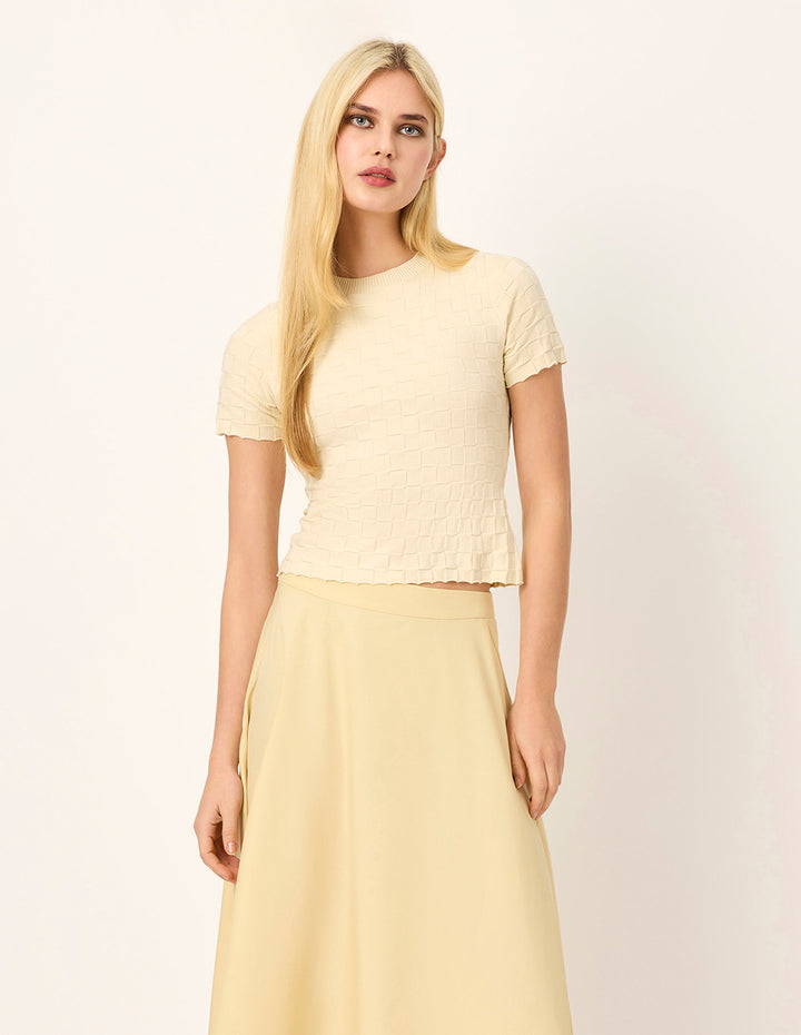 MARYLING Round-Neck Short-Sleeve Grid Breathable Cotton Knit Top