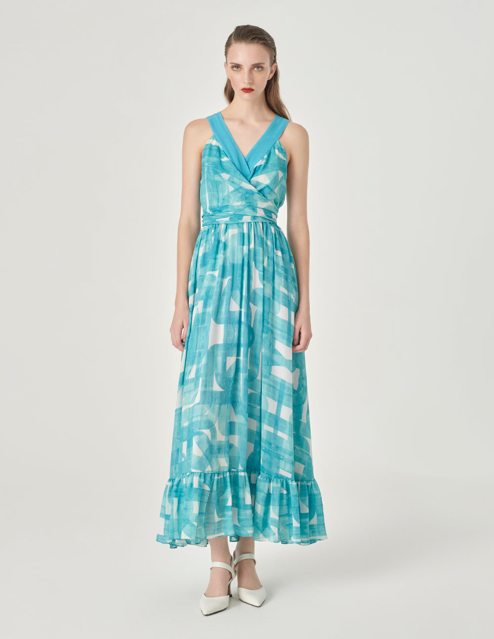 MARYLING Sleeveless Ruffled Hem Printed Dress