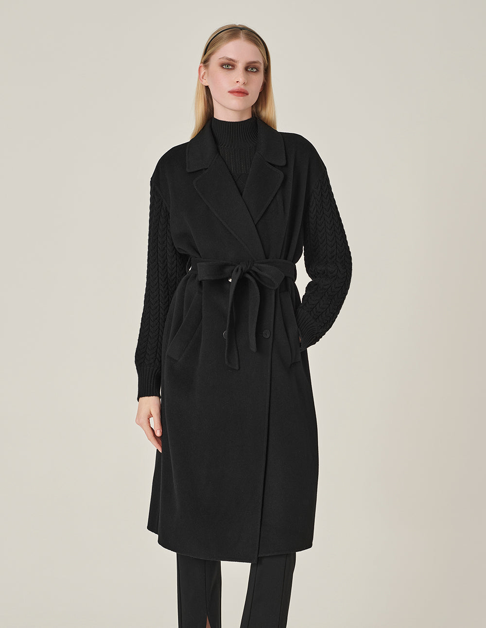 MARYLING Wrap Double-Sided Wool & Knitted Long Coat
