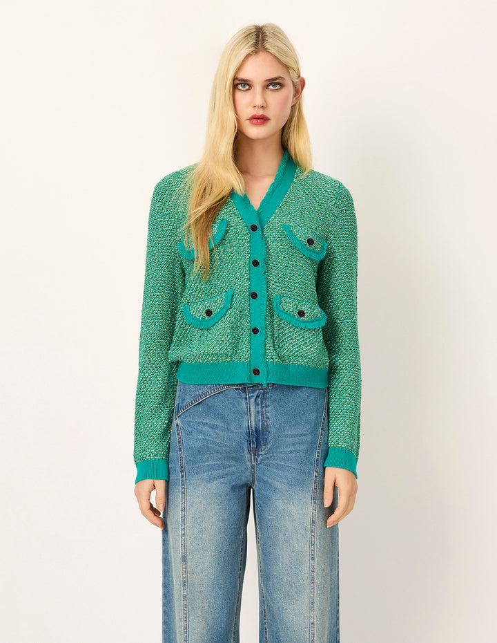 MARYLING V-Neck Long-Sleeve Fringed Multi-Pocket Knit Cardigan