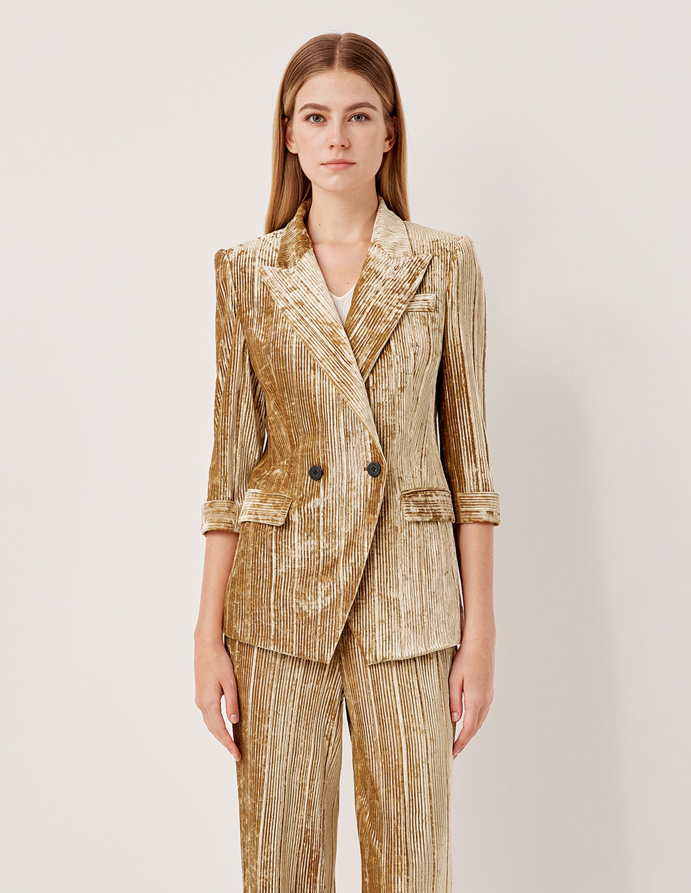 MARYLING Peak Lapel Double-Breasted 3/4 Sleeve Golden Velvet Blazer
