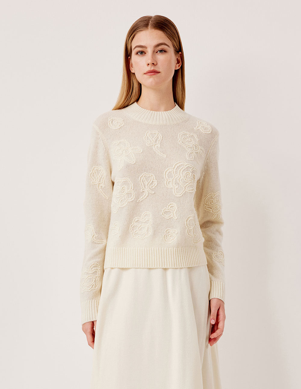 MARYLING Ribbed Round Neck Merino Wool Off-White Jacquard Pullover Sweater