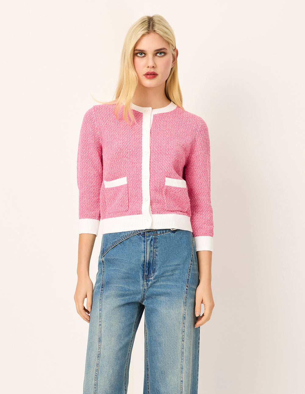 MARYLING Round Neck White Trim Long-Sleeve Knit Cardigan