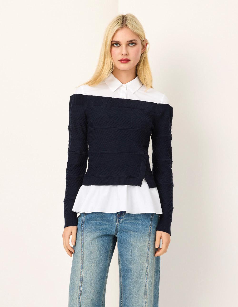 MARYLING Knitted Patchwork Long-Sleeve Knit Blouse