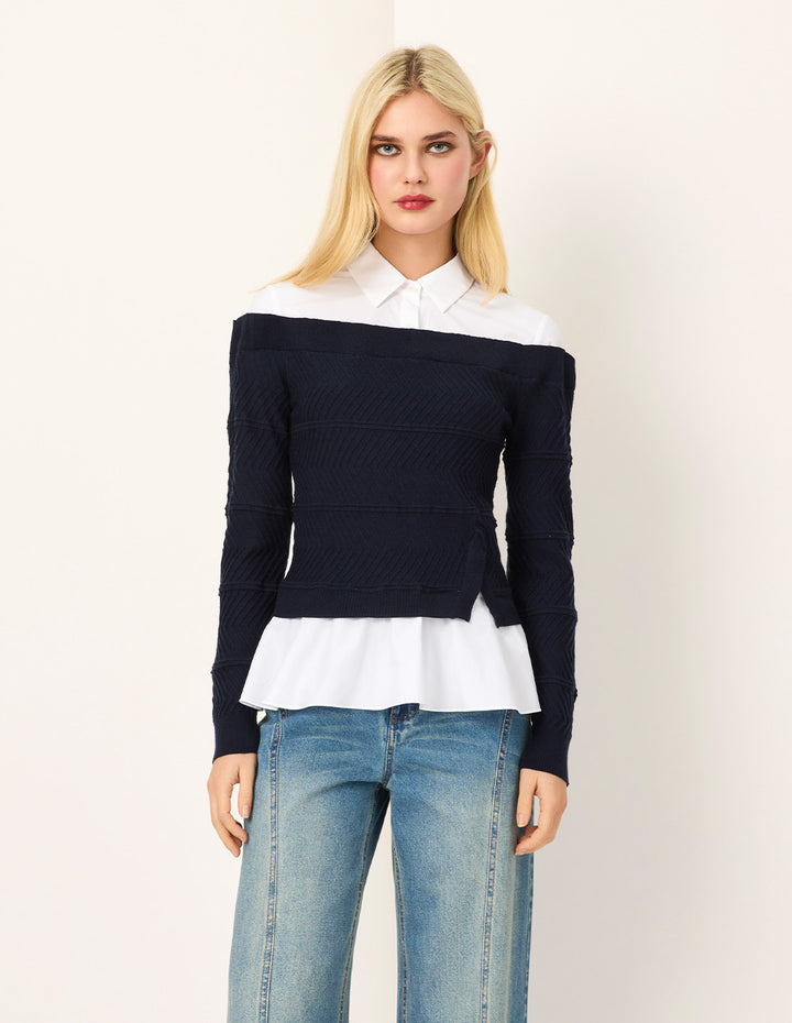 MARYLING Knitted Patchwork Long-Sleeve Knit Blouse