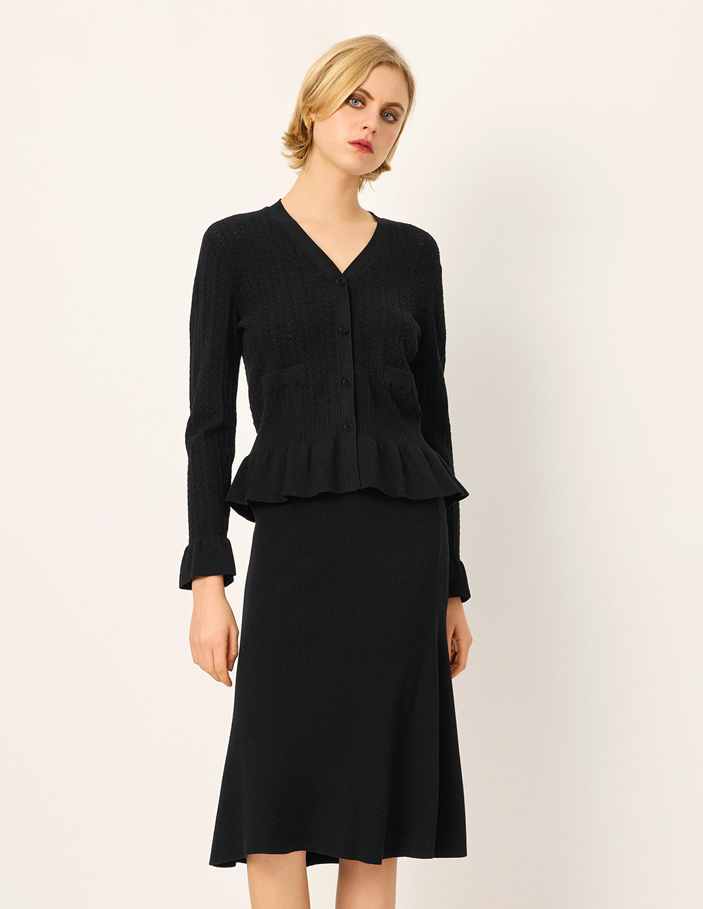 MARYLING V-neck Long-Sleeve Ruffle-Trim Knit Cardigan