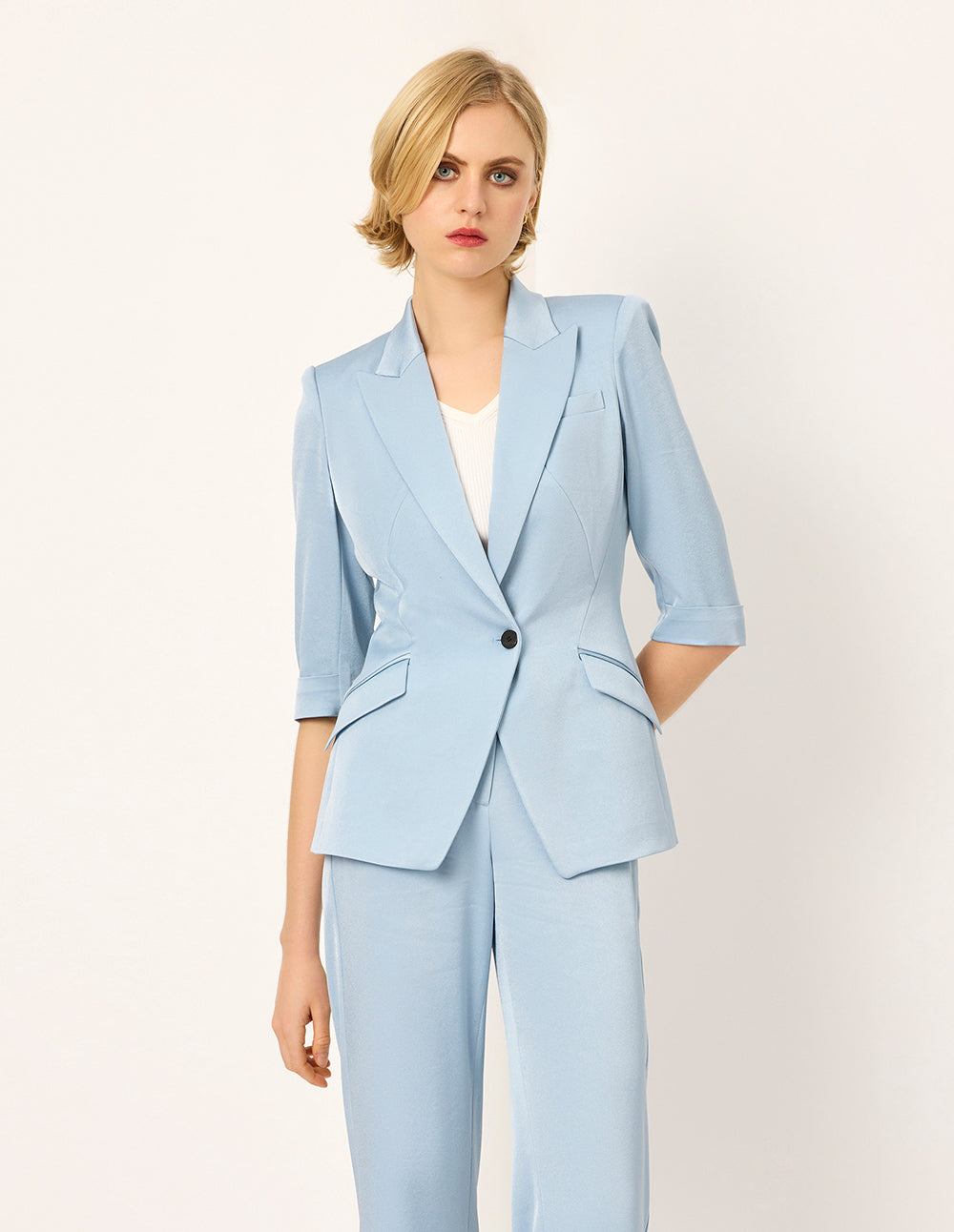 MARYLING Peaked Lapel Single-Button 3/4-Sleeve Lightweight Acetate Office Chic Blazer