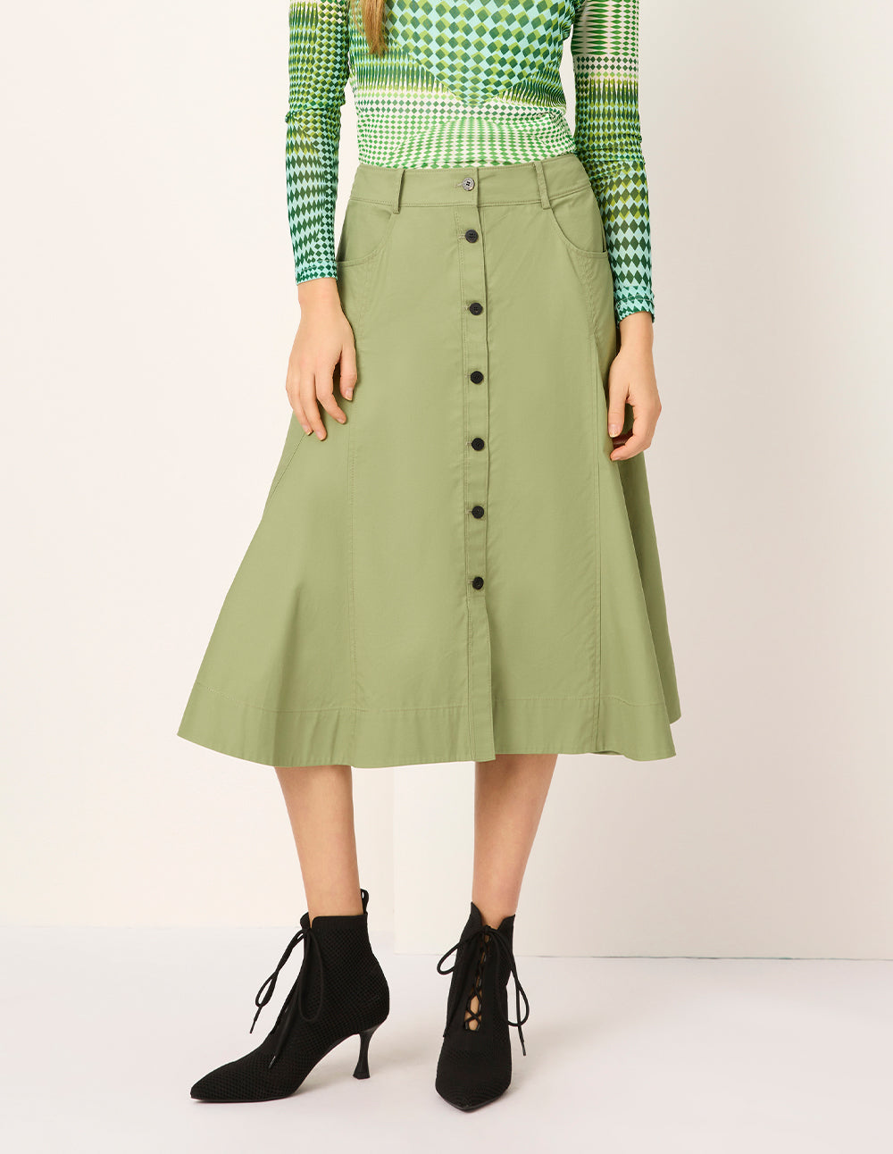 MARYLING Single-Breasted Waist-Cinched A-Line Knee-Length Skirt