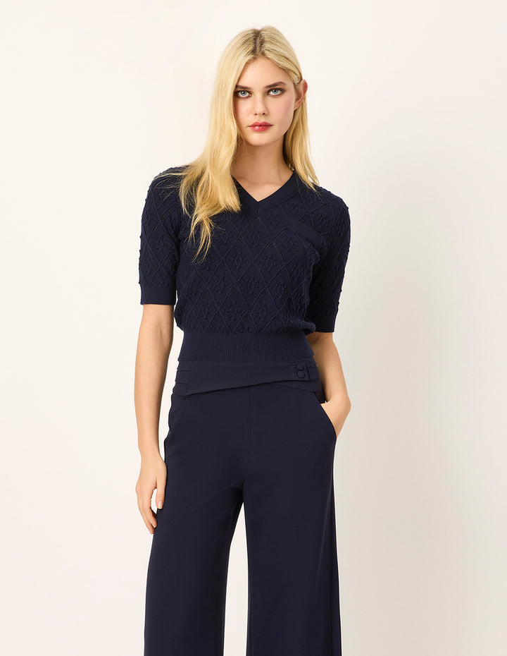 MARYLING V-Neck Short-Sleeve Diamond Check Cardigan