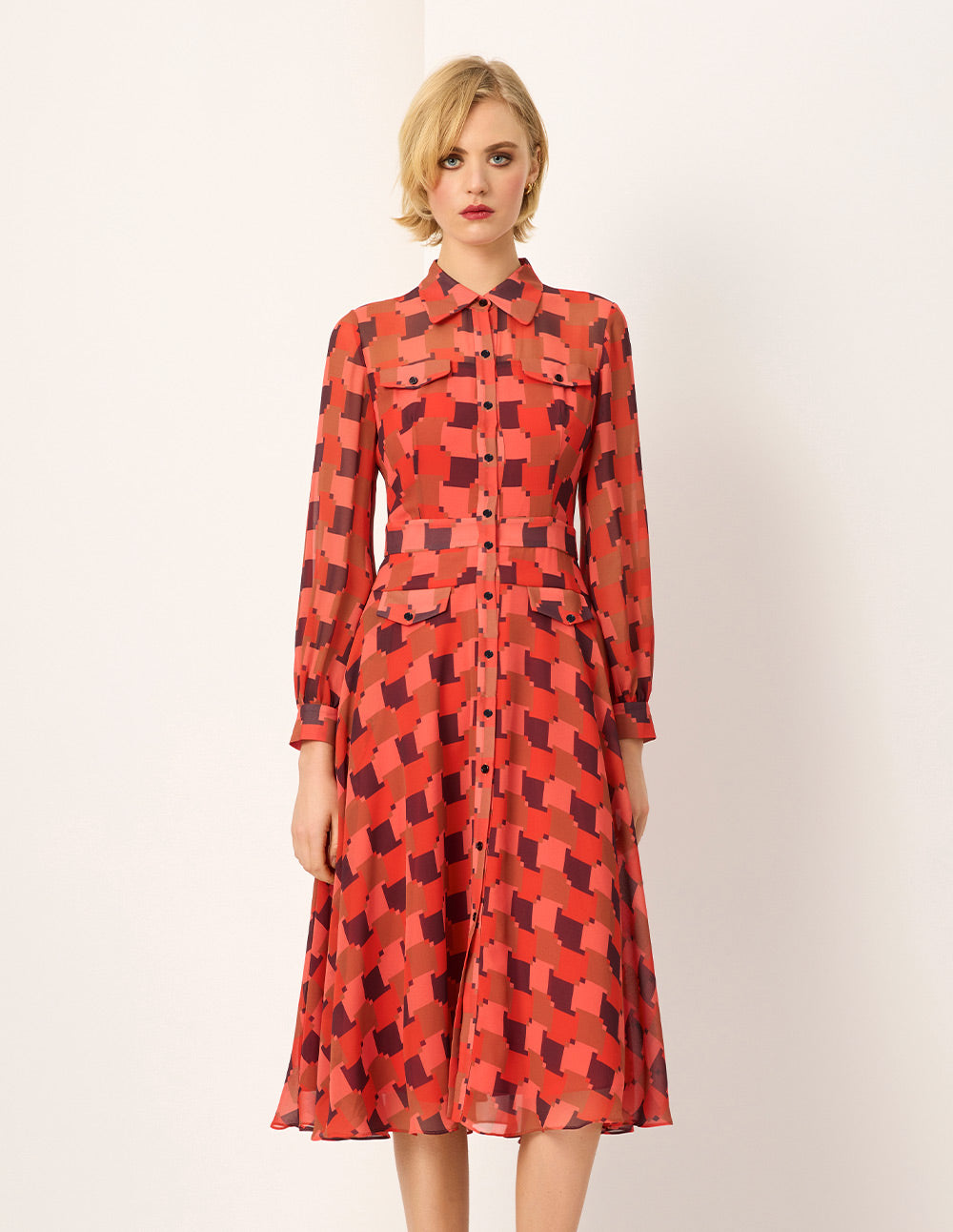 MARYLING Red Houndstooth Print Midi Shirt Dress