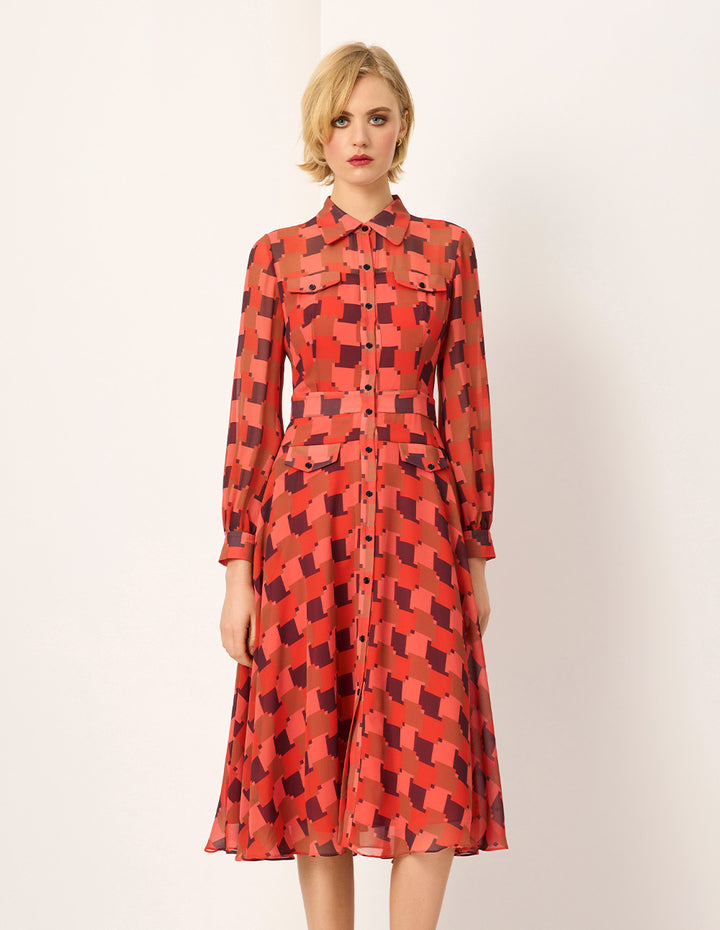 MARYLING Red Houndstooth Print Midi Shirt Dress
