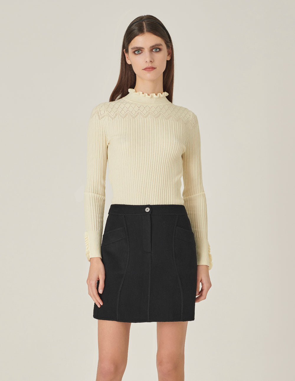 MARYLING Cream Ruffle-Turtleneck Knitted Sweater